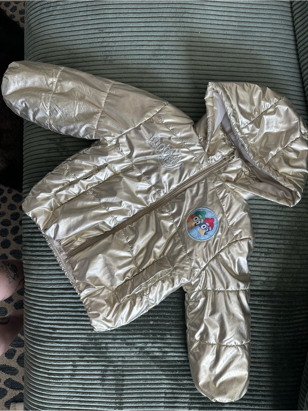 Lucy Metallic Silver Hooded Puffer Jacket with Patch